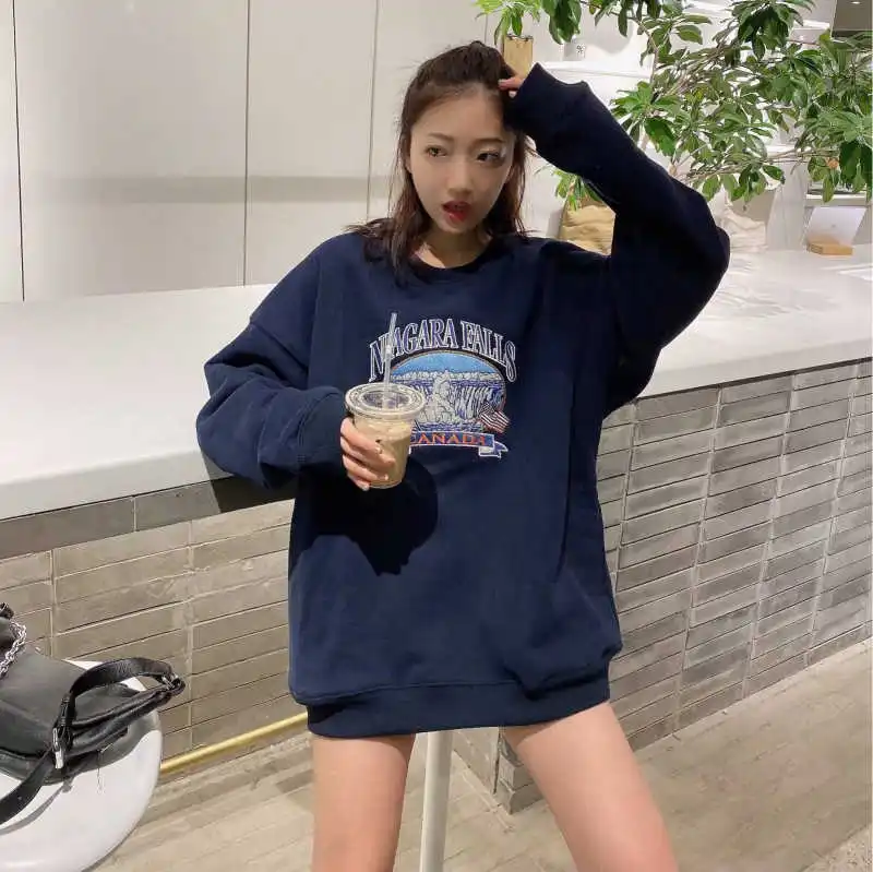 

Oversize Girls Waterfall Embroidery Sweatshirts 2021 Spring-Autumn Fashion Ladies Soft Thick Pullovers Loose Women Chic Clothes