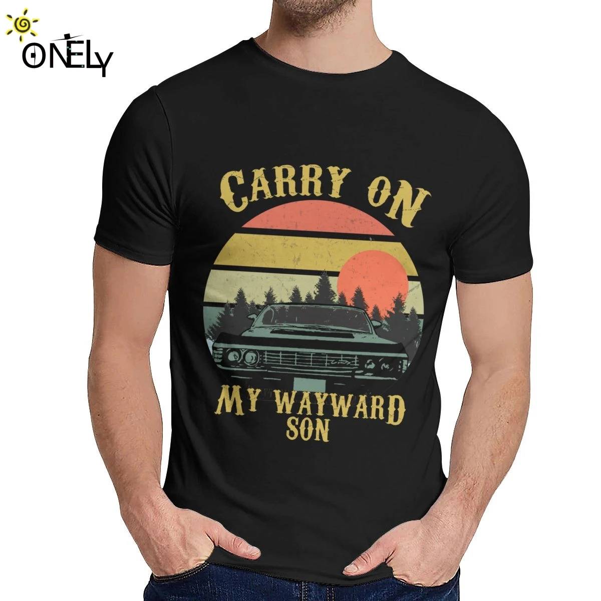 

Винтажная футболка в стиле ретро с круглым вырезом надписью «Carry On My Wyward Son»