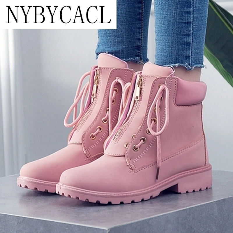 

Autumn Winter Women Boots Trend Zipper Deisgn PU Leather Shoes Ladies Ankle Boots Large-size 42 Pink Woman Boot botas mujer
