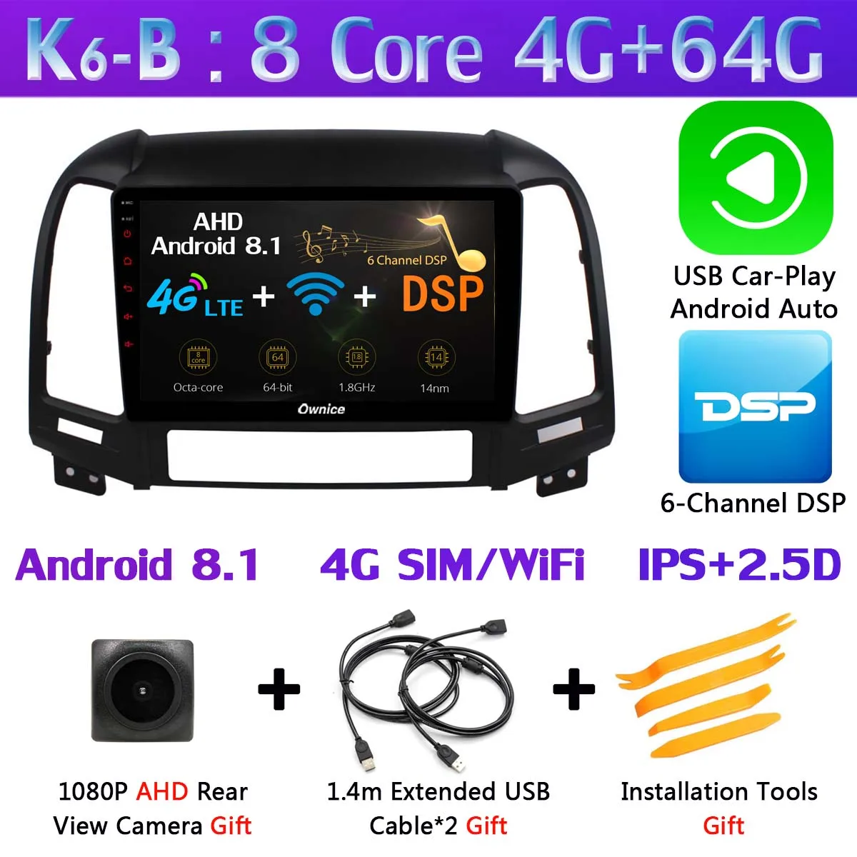 K6-B-CarPlay 360 ° камера 4G+ 64G Android 9,0 Автомобильный мультимедийный радио для hyundai Santa Fe 2 2006-2012 головное устройство gps навигация SPDIF DSP CarPlay - Цвет: K6-B-CarPlay