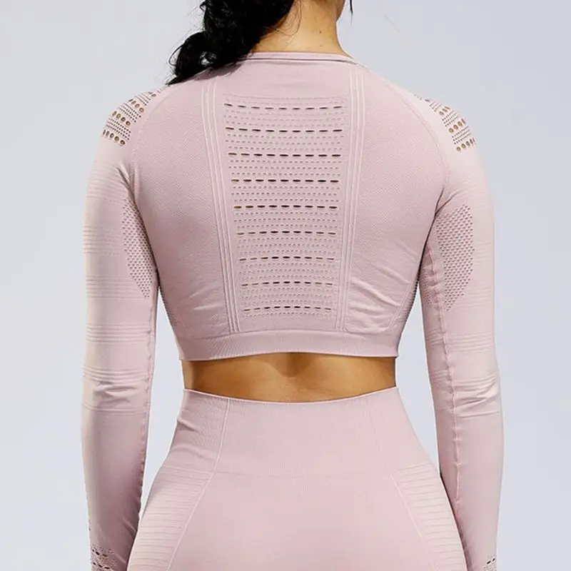 

Womens 2 Piece Workout Yoga Outfits Set Long Sleeve Crop Top Butt Lift High Waist Leggings Hollow Out Jacquard Seamless Tracksui