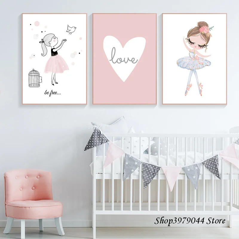 Розовая балерина девочка Холст Картина Кролик Детские плакаты спальня картина