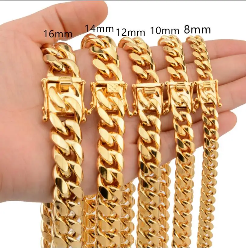 

Stainless Steel Gold Color Cuban Chain Faucet button Hiphop Fashion Jewelry For Gift 6MM/10MM/12MM/14MM/16MM/18mm
