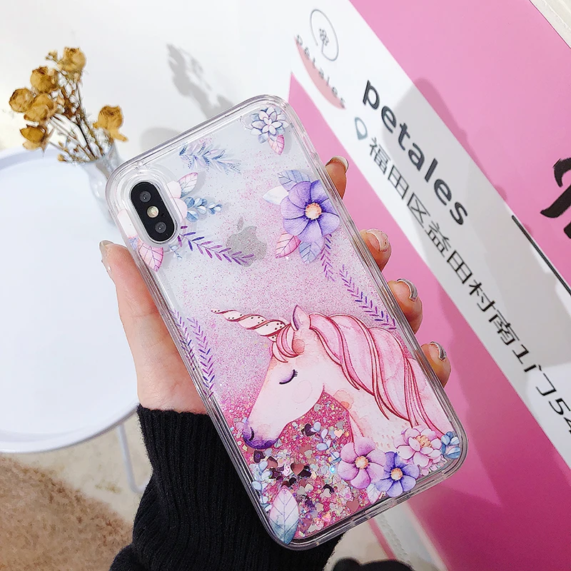 Чехол для iPhone XR силиконовый чехол с кристаллами и зыбучим песком XS Max X единорогом