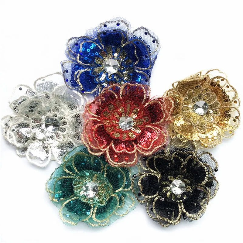 8 см розовый блесток вышитые 3D цветок голова нашивка на одежду сетка многослойная