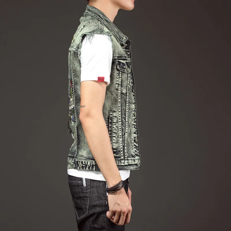 

Men new vest embroidery retro style punk wash print frosted solid color spring and summer high-end self-cultivation youth denim