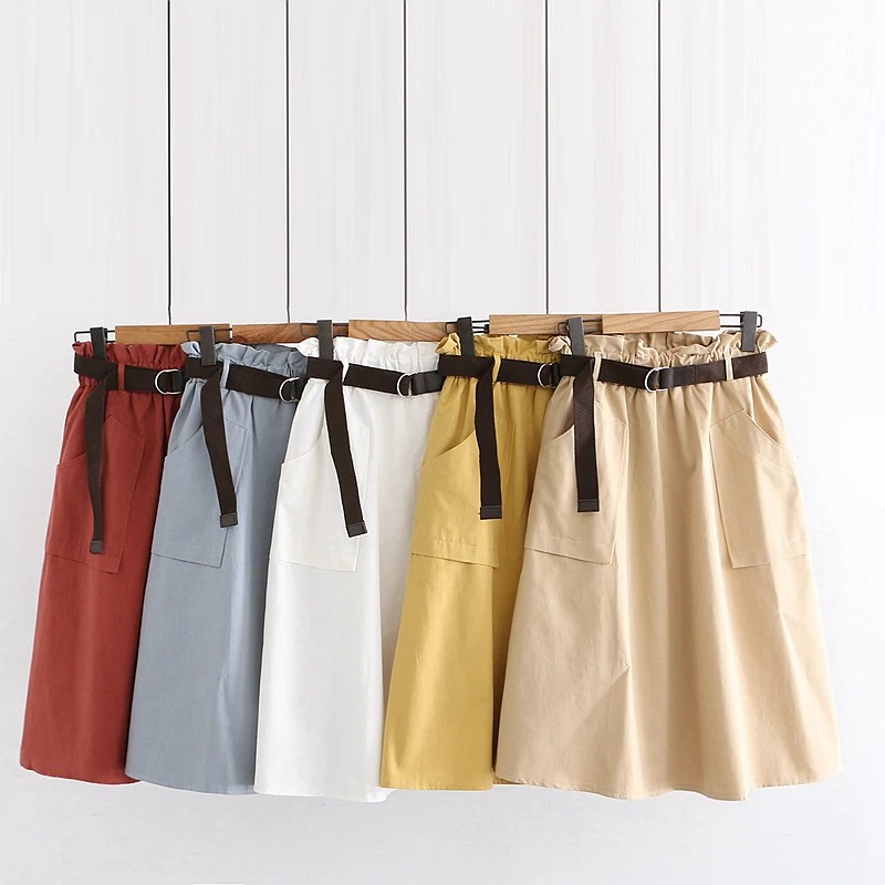 

2020 Summer High Waist Knee Length Skirts Solid Pockets Pleated Casual Ladies Bottoms Trendy Female Skirts With Sashes