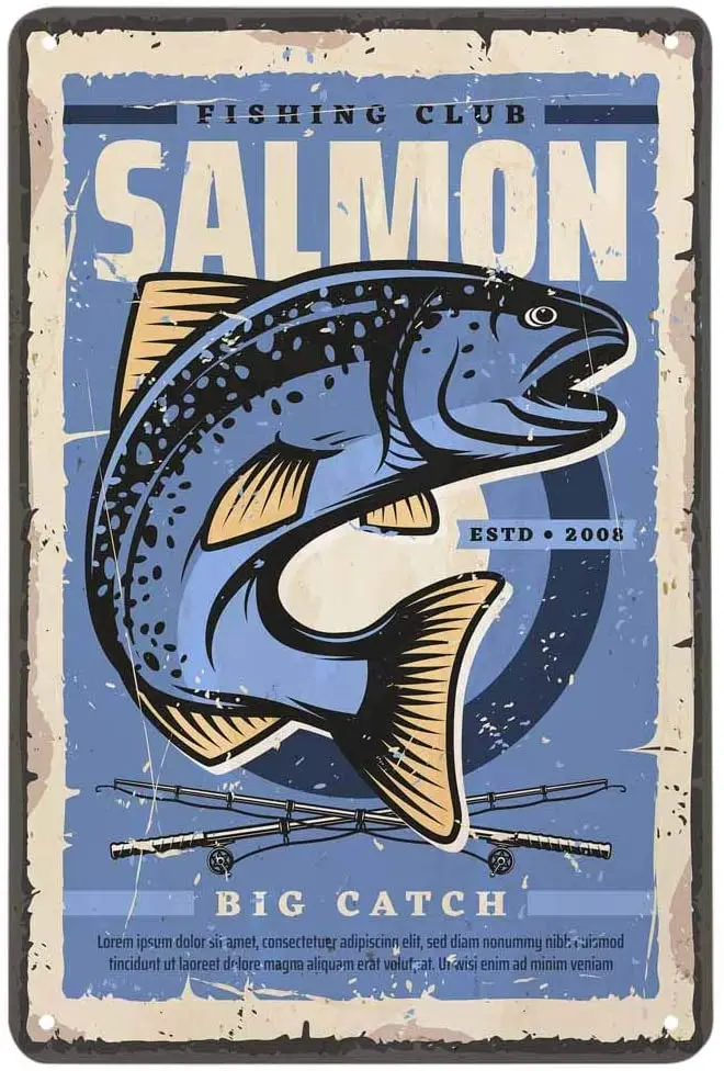 

AOYEGO Salmon Tin Sign,Fish Club Big Catch Seafood Vintage Metal Tin Signs for Cafes Bars Pubs Shop Wall Decorative Funny