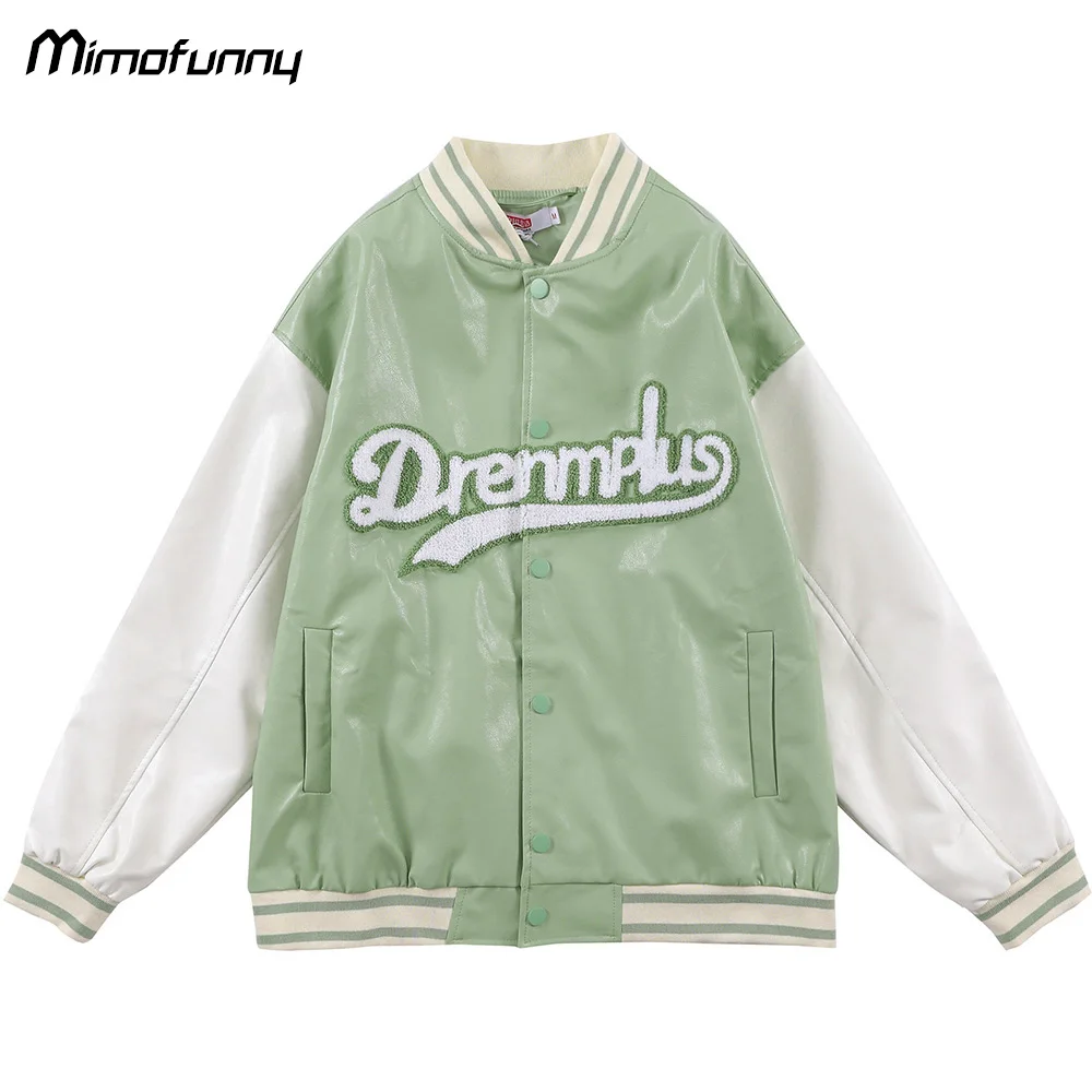 

Retro Baseball Jacket Men Letter Patch Color Block Patchwork Leather Bomber Coat Couple Harajuku College Style Streetwear Autumn