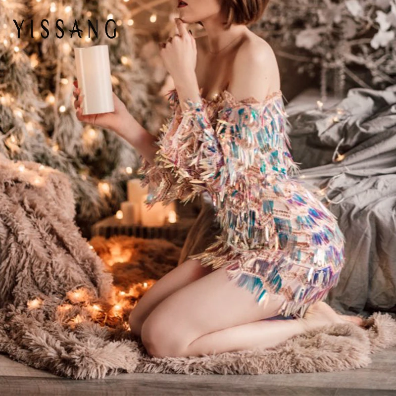 Off Shoullder Multi Yissang, элегантные, вечерние, с блестками, женское платье, блестящее, сексуальное, без рукавов, летнее, мини платье, с блестками, для клуба, бодикон, женские платья, Vestidos - Цвет: Off Shoullder Multi