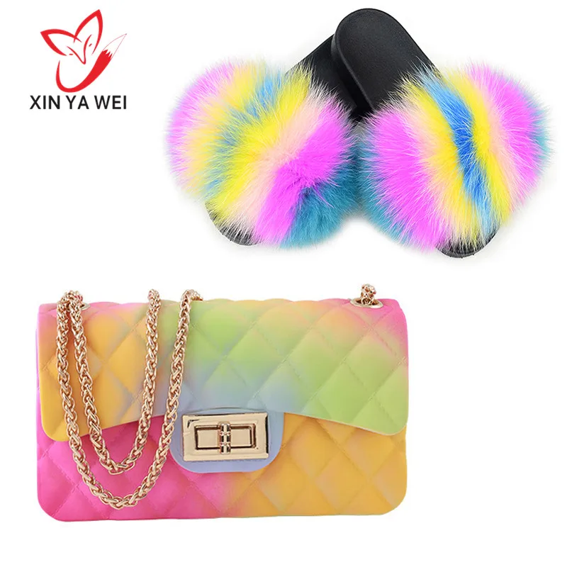Woman fur slides-flap rainbow handbag colorful jelly shoulder bag shoes women fluffy slippers Pvc candy | Обувь