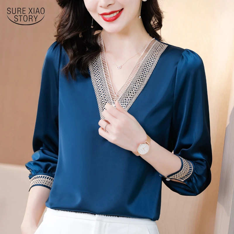 

Autumn New Long Sleeve V Neck Loose Woman Blouses Elegant Lace Chiffon Satin Shirt Women Office Lady Tops Female Clothing 16134