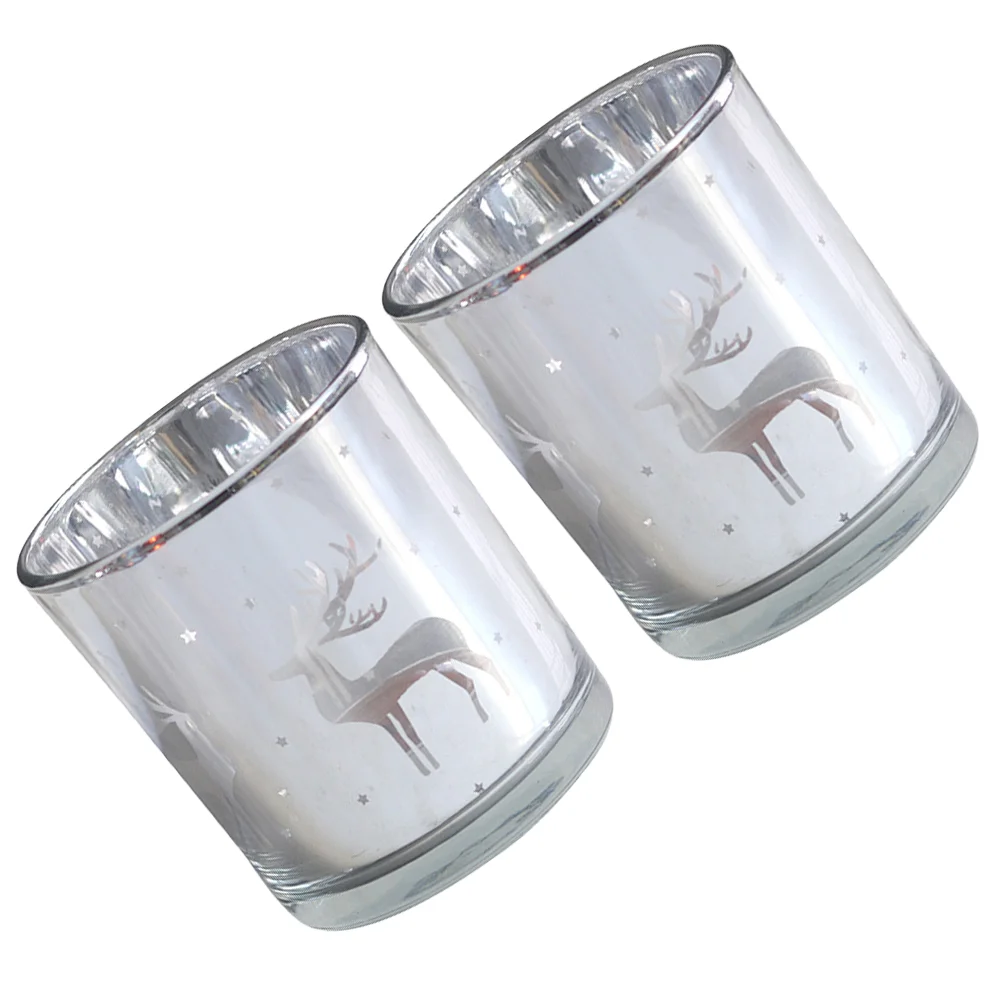 

2pcs Christmas Glass Candle Cups Xmas Deer Candlesticks Adornments for Party