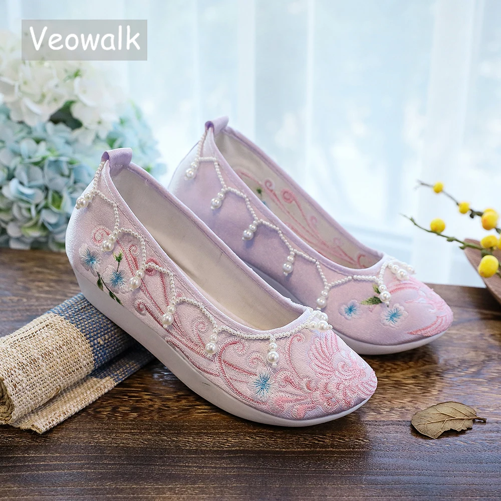 

Veowalk Pearls Embroidered Autumn Winter Women Cotton Fabric Platform Flats Elegant Ladies Sneakers Comfortable Creepers Shoes