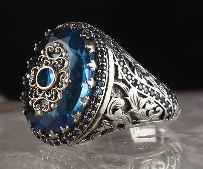 

Оттоманское серебро, натуральный камень ручной работы (Аквамарин) 925k, Сделано в Турции, отличный подарок