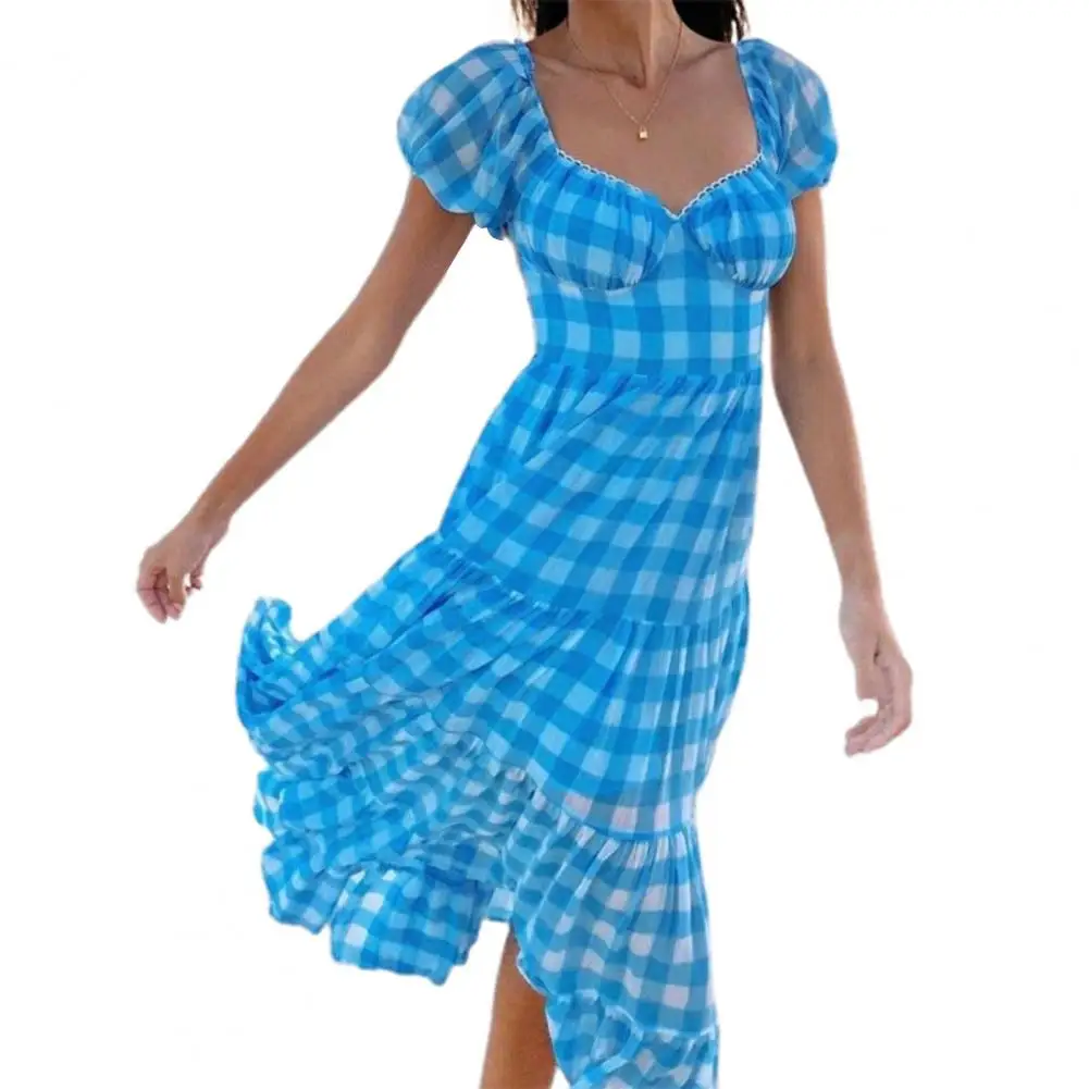 

Plaid Puff Sleeve Long Dress Mid-calf Backless Tie Up Casual Dress for Vacation Dress