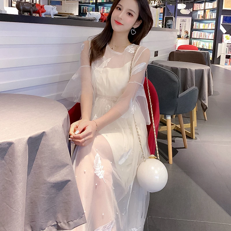 

Girl's Sweet Mesh Dress 2 Piece Set 2021 Summer Elegant Slim Embroidery Beaded Women A-Line Dress and Strap Dress