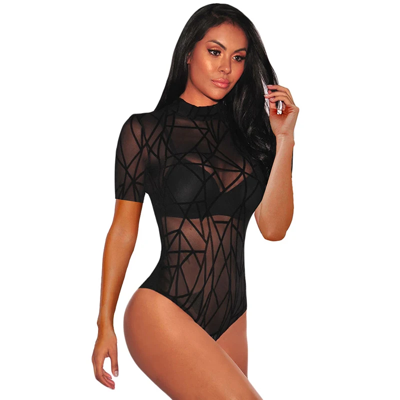 

Women One Piece Short Sleeve Mesh Sheer Bodysuit