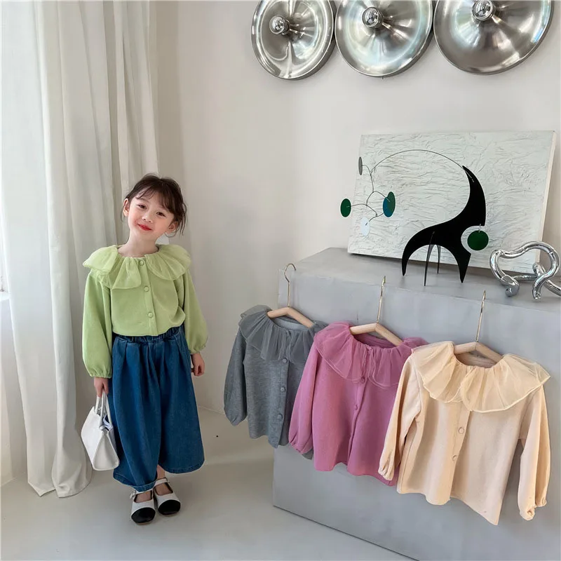 

Рубашки для девочек с отложным воротником из тюля, корейские Стильные повседневные топы для девочек, новинка 2022, блузка с длинным рукавом на...