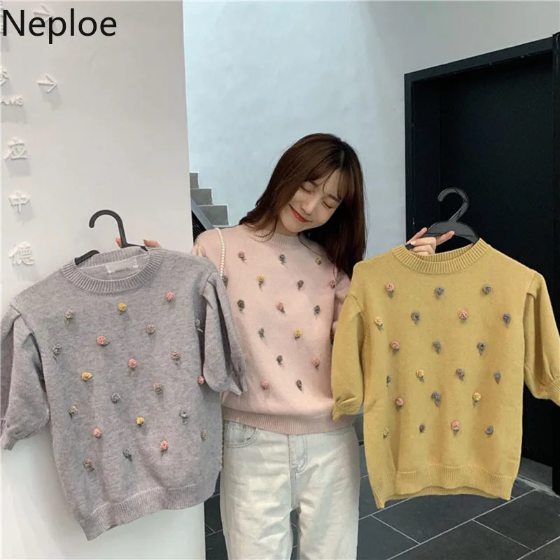 Neploe Chic O Neck Puff Short Sleeve Knit Pull Femme Solid Stereoscopic Flower Sweater Pullover Autumn Spring Loose Sueter 47787 | Женская