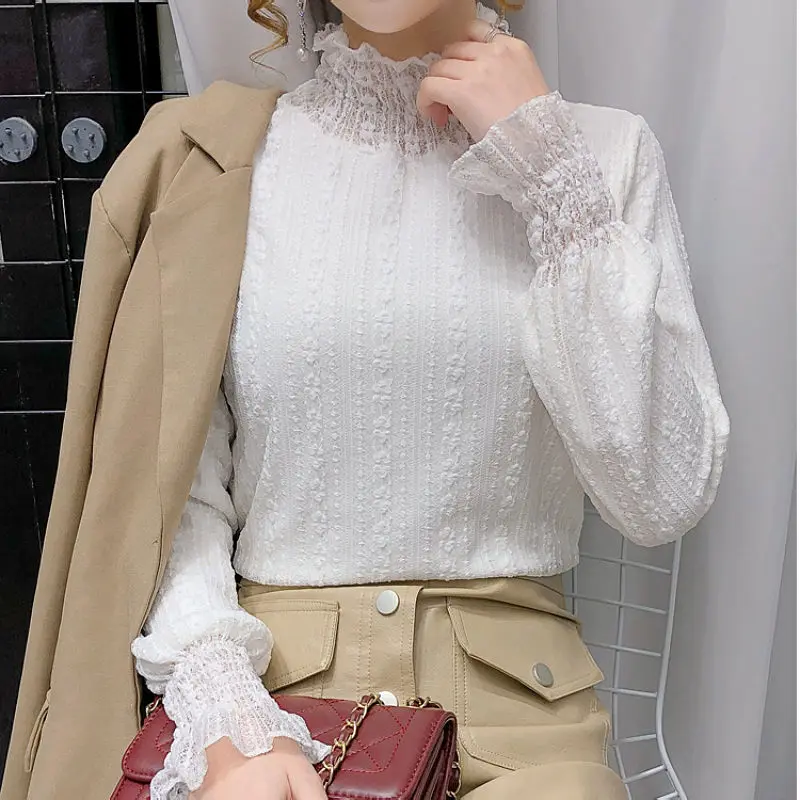 Женская блузка Осень-зима сетчатая водолазка кружевная Изысканная Рубашки Ropa De