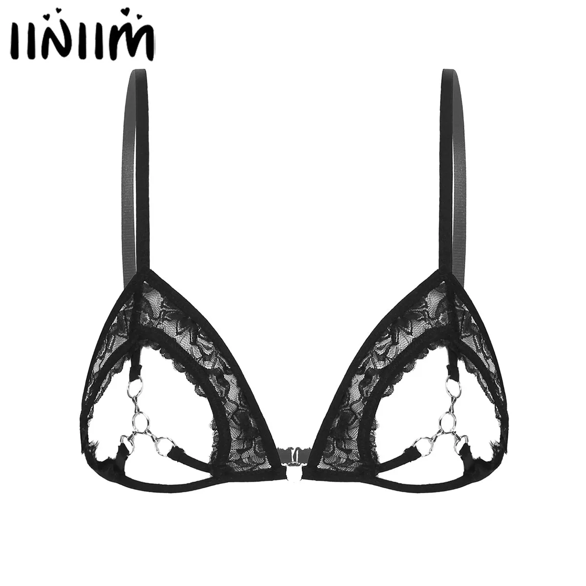 

Black Womens Femme Sissy Bras See Through Sheer Lace Lingerie Spaghetti Straps Open Cups Bra Top with Rings Linked at Bust