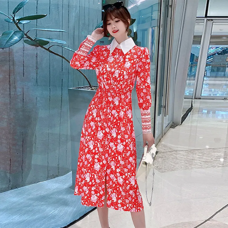 

Fashion Summer New Women'S Elegant Dress Party Beach Appealing Color Gorgeous Fantastic Print Long Sleeve Shirt Midi Dress