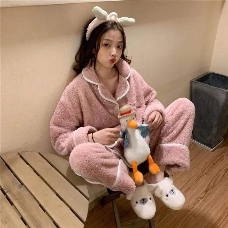 

Комплект пижам из кораллового флиса с брюками, женская теплая одежда для сна, осенне-зимний костюм для сна, толстая Домашняя одежда из двух п...