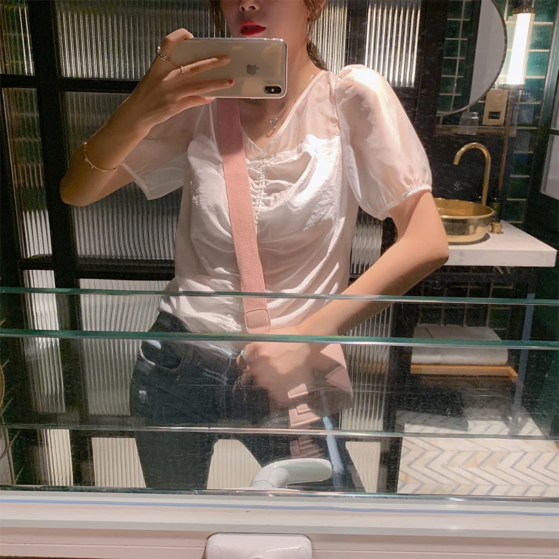 Женская блузка Mishow белая Повседневная из шифона с коротким рукавом и треугольным