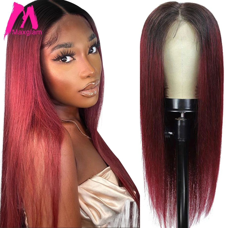 4x4 парик на застежке прямые цвет Омбре бордовый человеческие волосы парики