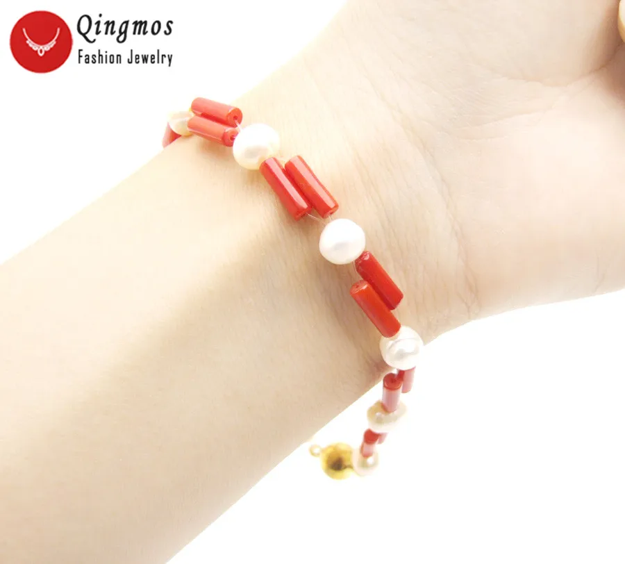 Браслет женский из натурального красного коралла с жемчугом 4-5 мм 3 Х9 | Украшения