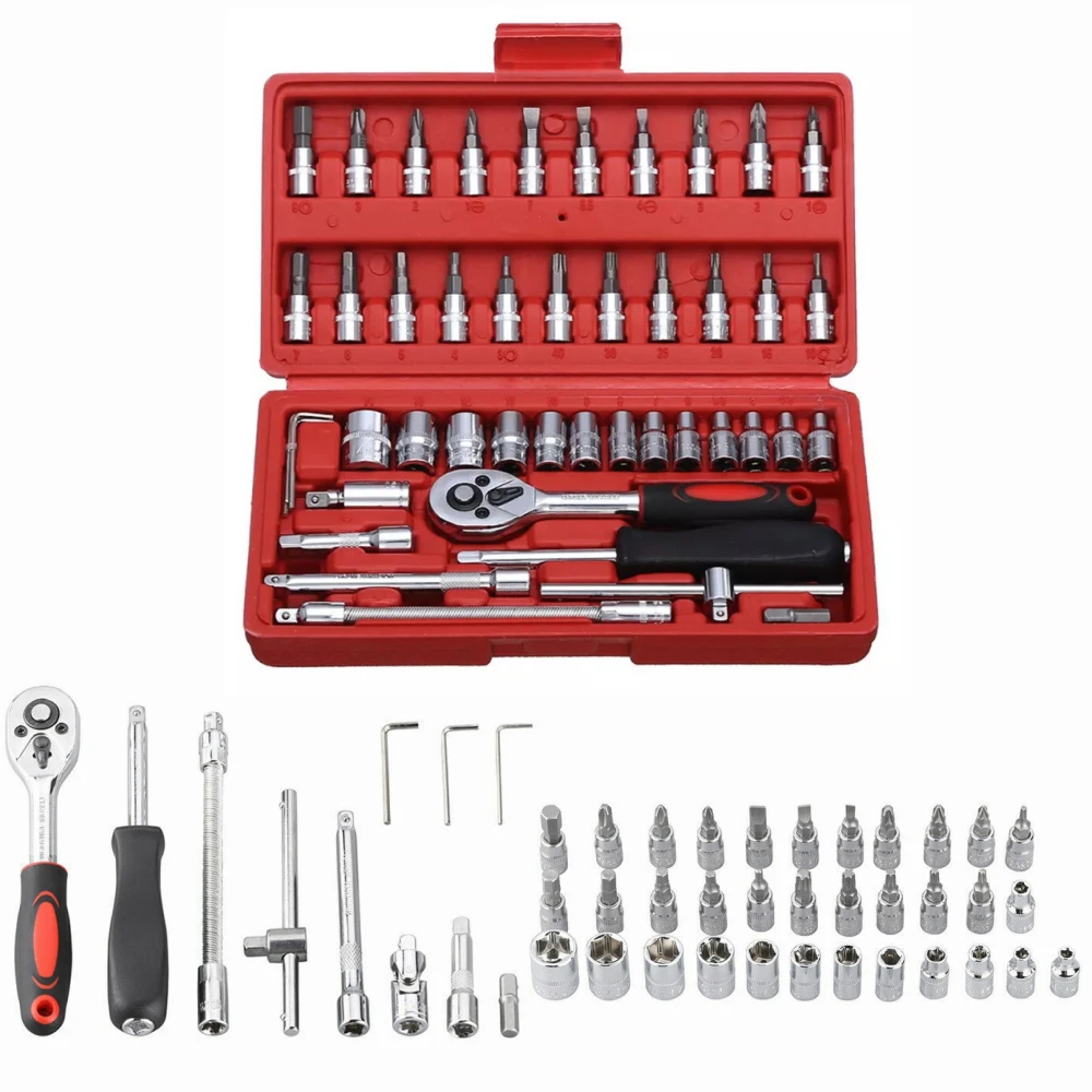 

46PCS Ratchet Wrench Workshop Tools Set Extension Wrench Repair Tool 1/4" Drive Socket Ratchet Wrench Combo Bit Set