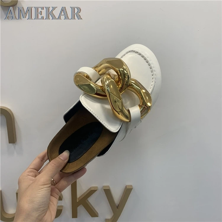 

New Brand Design Gold Chain Women Slipper Closed Toe Slip On Mules Shoes Round Toe Low Heels Casual Slides Flip Flop