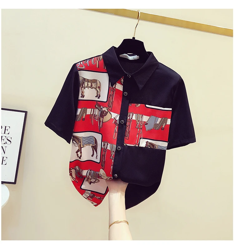 

Europe Women Turn Down Collar Shirt 2022 Summer Chiffon Blouse Short Sleeve Print Shirts Tops Office Ladies Blouuse Blusas A3246