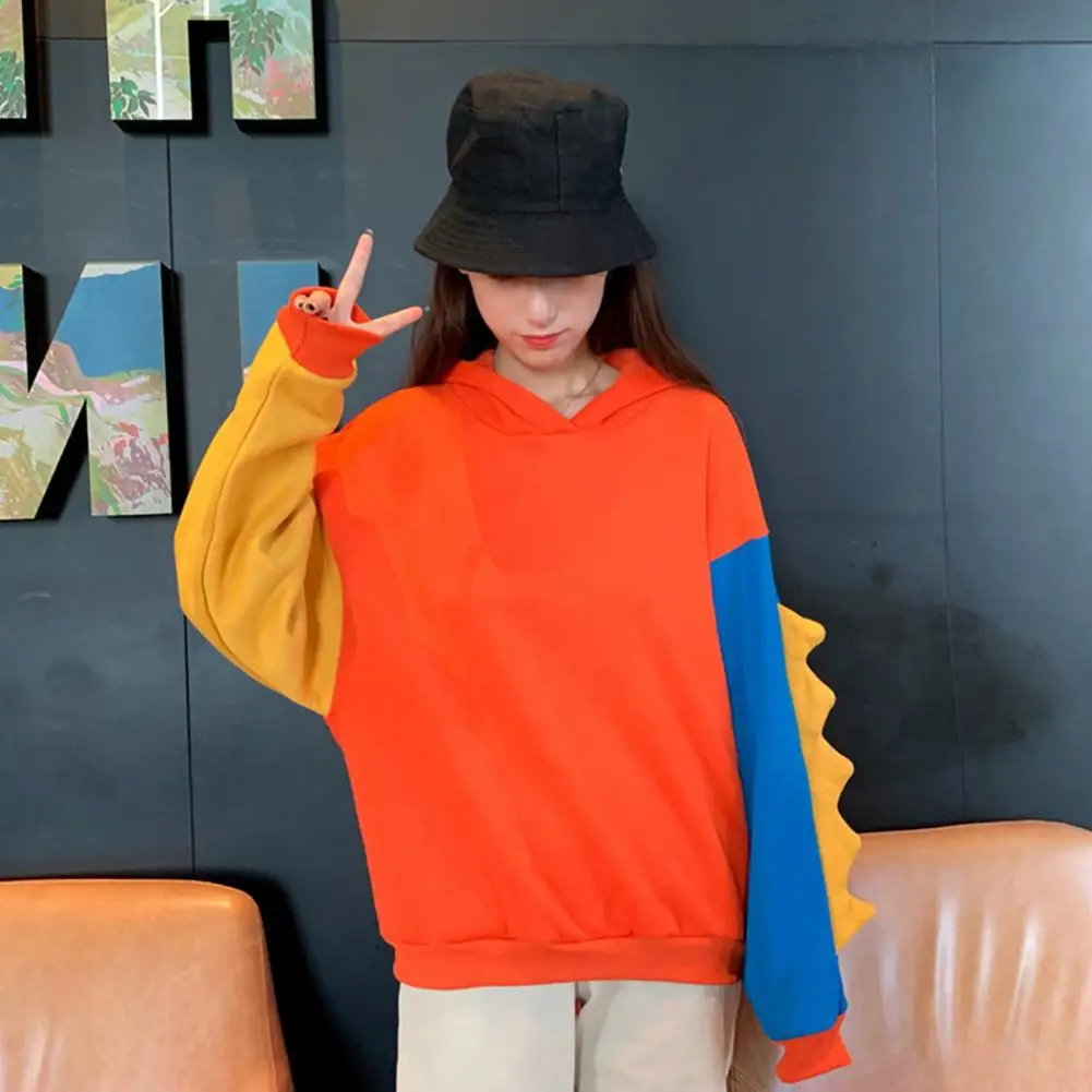 Cute Women Long Sleeve Color Block Dinosaur Hoodie Autumn Winter Sweatshirt