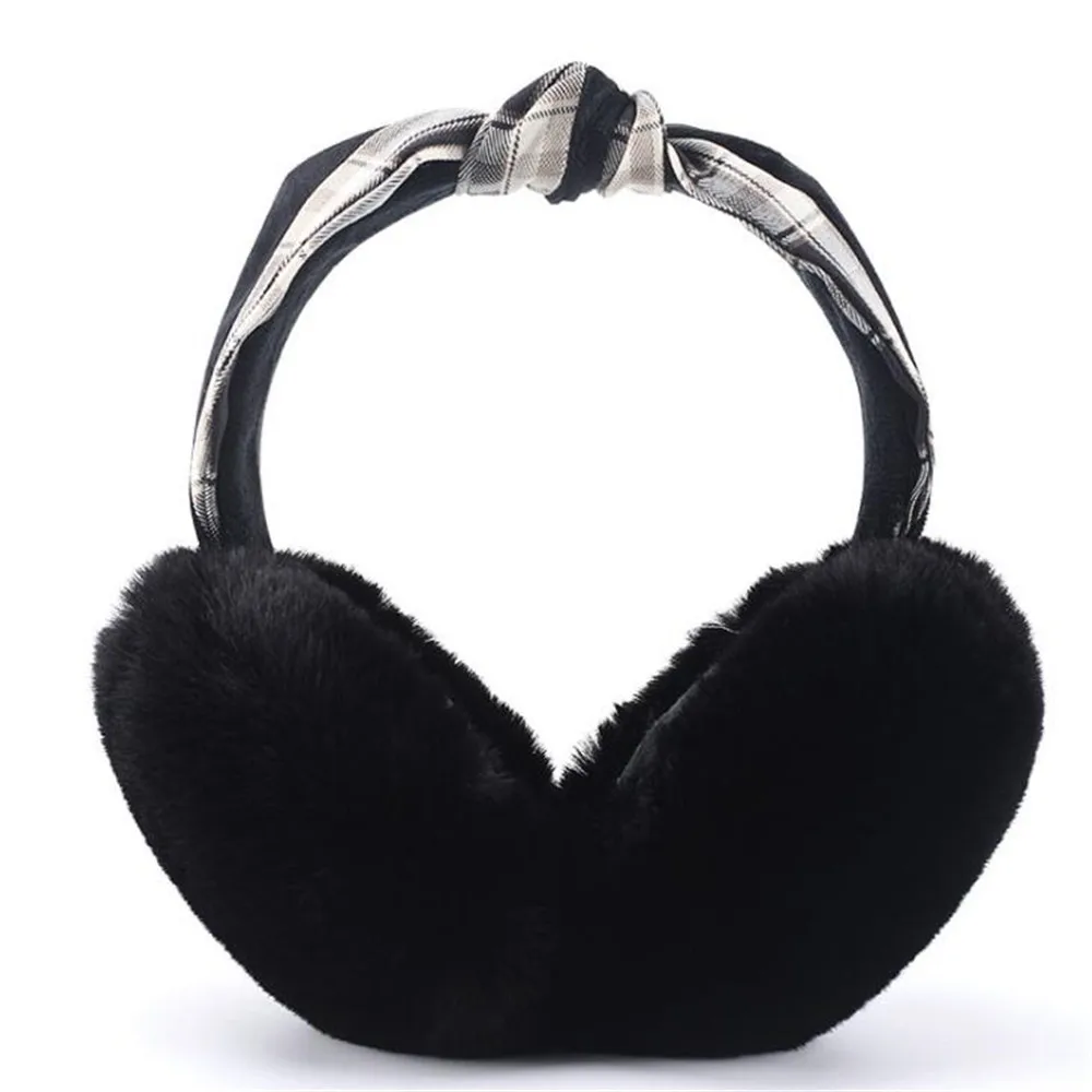 Женские однотонные наушники из искусственного меха с клетчатым твидовым бантом