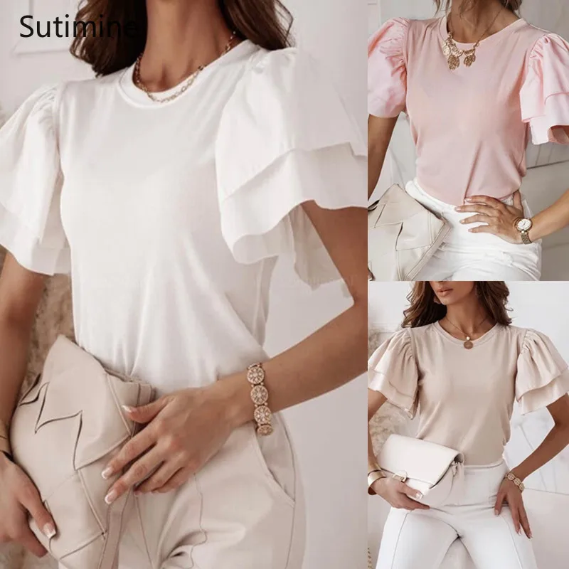 Woman clothes 2021 Summer Vintage Woman T-shirt Solid Color Ruffles Short Sleeve Tee Shirt for Women Off White Pink Tops Elegant
