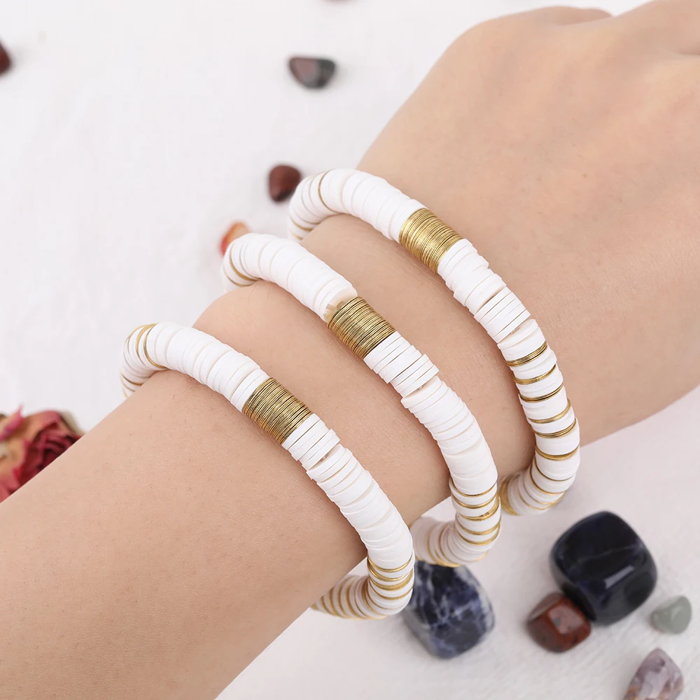 

5Pcs White Color Polymer Clay Heishi Beads 8mm Gold Copper Sheets Elastic String Bracelet Boho Vinyl Beads Friendship Bracelet