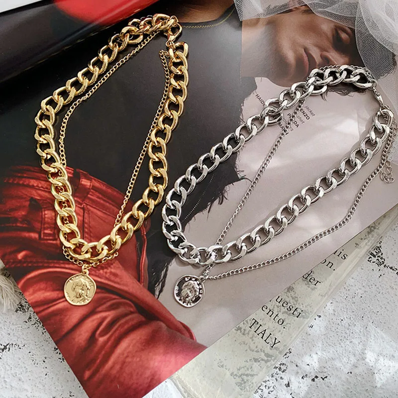 

Retro Portrait Coin Pendant Big Thick Chain Necklace For Women Exaggerated Chain Choker Geometric Round Necklaces Jewelry