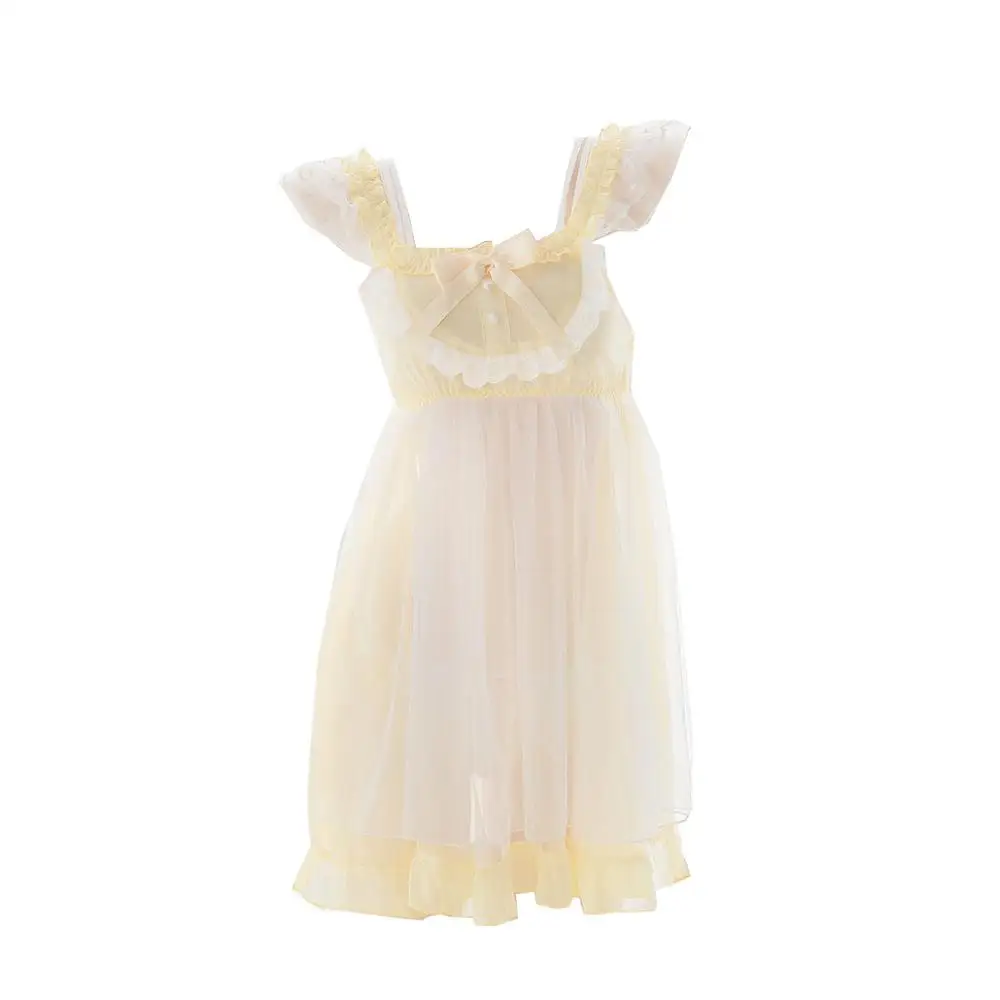 

Pajama Set Women Soft Cute Light Yellow Sling Skirt Lace Trim Bowknot Strappy Panties Perspective Sexy Dress Girl sleepwear