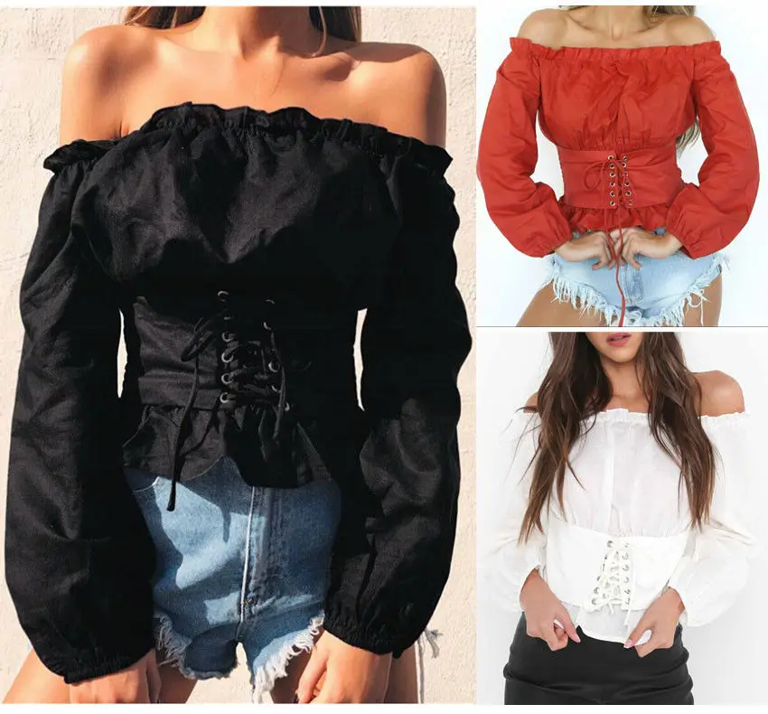 Fashion Sexy Women's Off Shoulder Corset Blouse Tops Lantern Sleeve Long Sleeve Shirt Casual Blouse Corset Tops