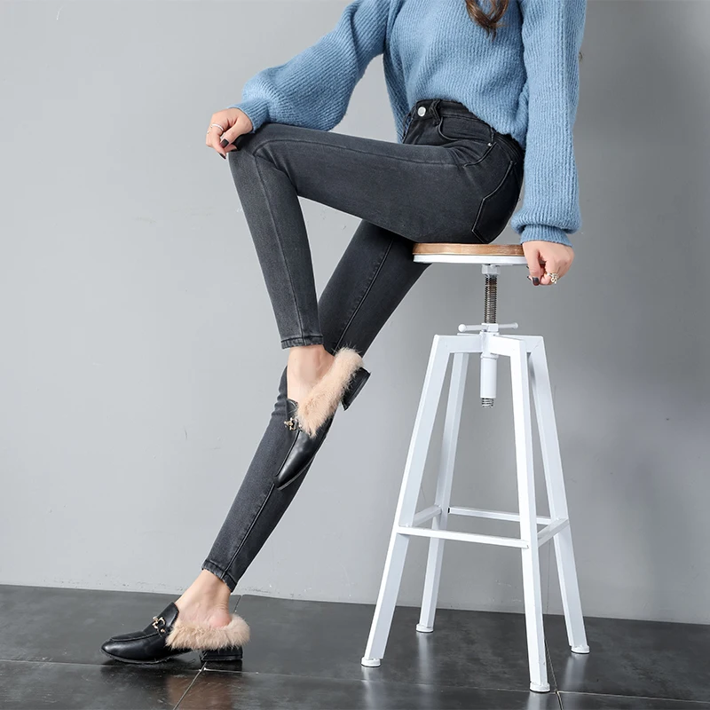 2021 New Winter Jeans Ladies Korea High Waist Plus Velvet Skinny Cowgirl Street Clothing Thick Warm Feet Pants | Женская одежда