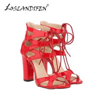 loslandifen new fashion women shoes pumps square high heels summer open toe lace up bridal patent leather 368a pa