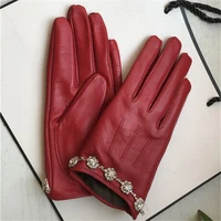 100 genuine leather gloves female winter sheepskin shinning diamond thicken touch screen gloves women warm driving gloves