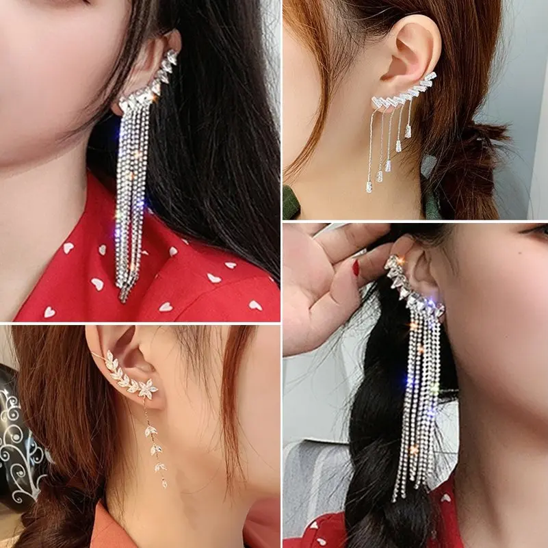 

Imixlot 1Pair Fashion Crystal Ear Cuffs Long Tassel Ear Cuff Clip Earrings For Women Climbers No Piercing Fake Cartilage Earring