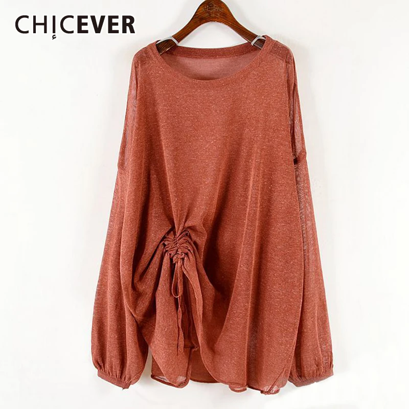 CHICEVER/Осенняя Винтажная Футболка для женщин с круглым вырезом и длинными рукавами