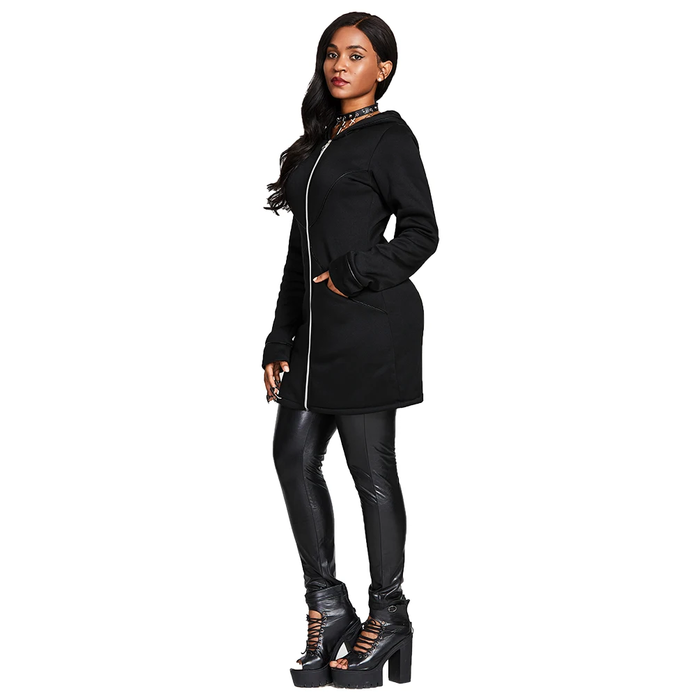 Готический тонкий средней длины толстовки женские длинные рукава карман с