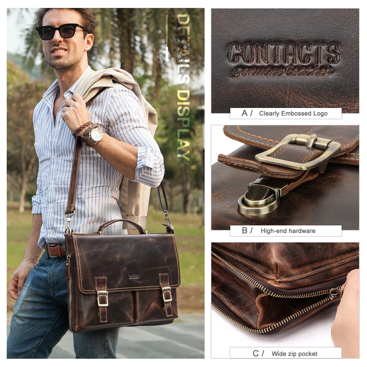 Men Briefcase Genuine Leather Laptop Bag Macbook Pro 14