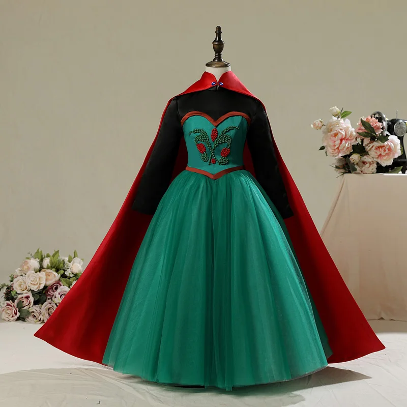 Платье принцессы Анны зеленое с цветочной вышивкой для маленьких девочек платья