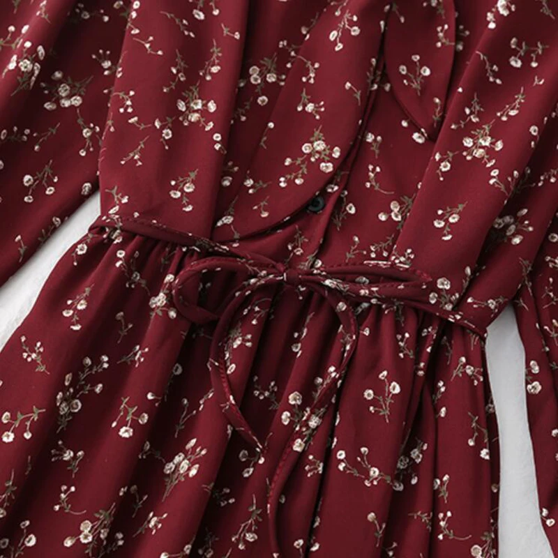 

Spring Vintage Printed Dress Women Long Sleeve Bow Casual Chiffon Dresses High Waist Floral A-line Long Dress Female Vestidos
